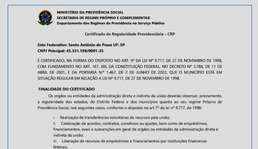 IPREM conquista Certificado de Regularidade Previdenciária (CRP)