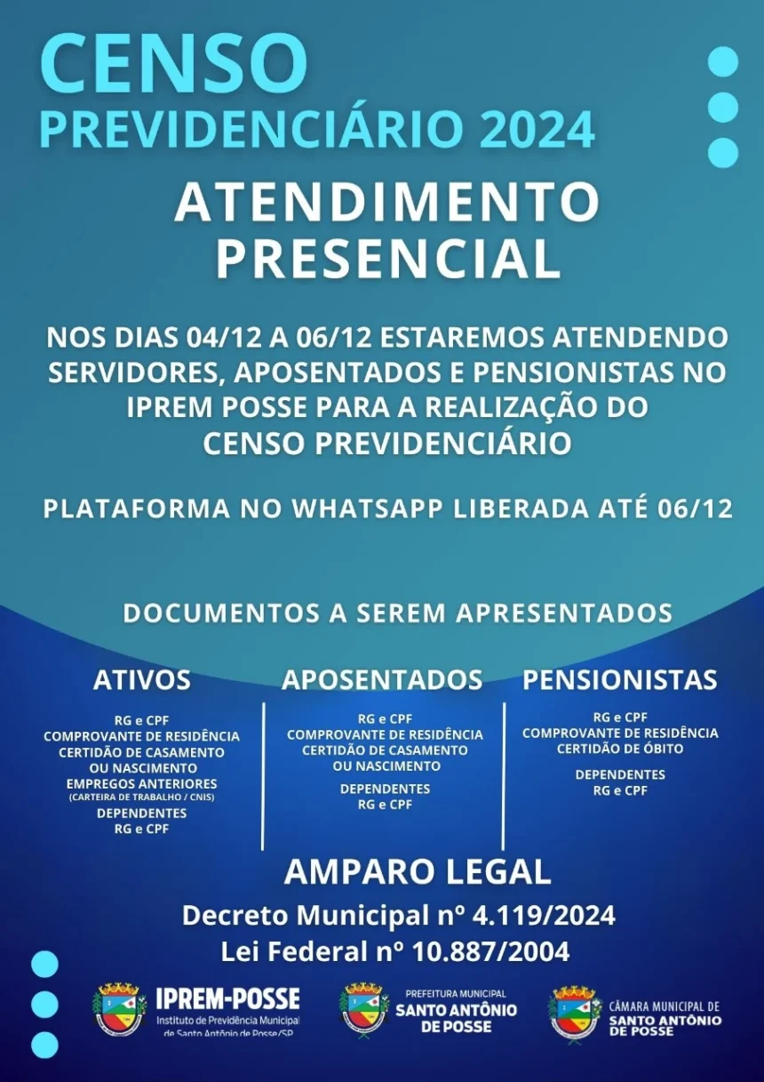 ÚLTIMOS DIAS TERÃO ATENDIMENTO PRESENCIAL PARA REALIZAÇÃO DO CENSO PREVIDENCIÁRIO!